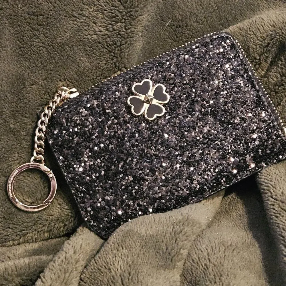 Kate Spade Glitter Clover Card Holder – Black & Silver – Keychain Wallet